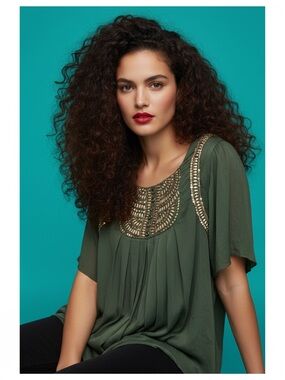 Denim 24/7 Plus Size 26W Olive Green Blouse, Heavily Embellished  Boho Top